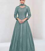 Aqua blue vichitra silk readymade anarkali suit with embroidered work for festival
