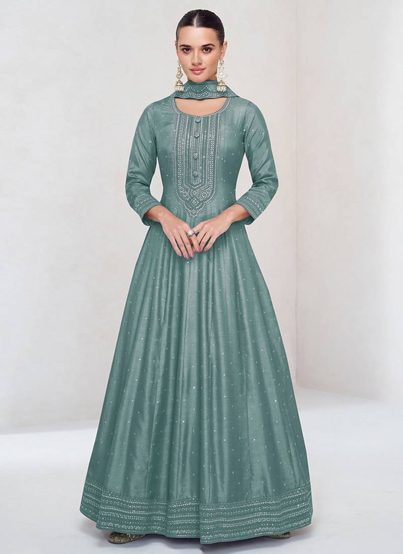 Aqua blue vichitra silk readymade anarkali suit with embroidered work for festival