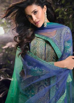Teal green embroidered chinon silk ceremony wear readymade palazzo suit 4