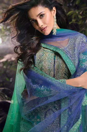 Teal green embroidered chinon silk ceremony wear readymade palazzo suit