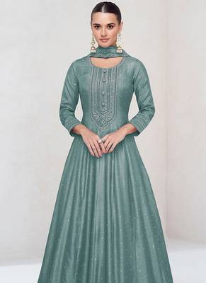 Aqua blue vichitra silk readymade anarkali suit with embroidered work for festival 2