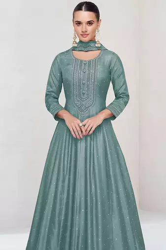 Aqua blue vichitra silk readymade anarkali suit with embroidered work for festival