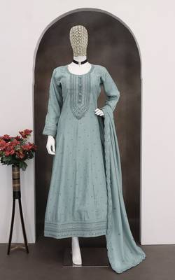 Aqua blue vichitra silk readymade anarkali suit with embroidered work for festival 3