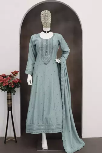Aqua blue vichitra silk readymade anarkali suit with embroidered work for festival