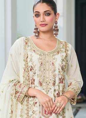 Off white embroidered zari chinon festival readymade salwar kameez 2