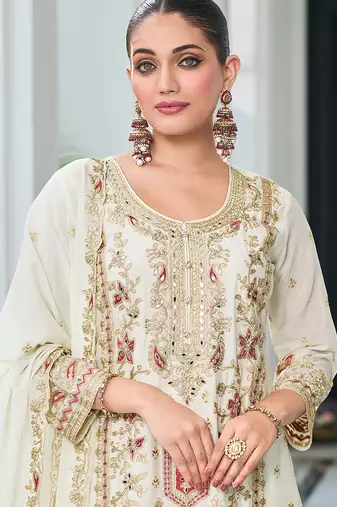 Off white embroidered zari chinon festival readymade salwar kameez