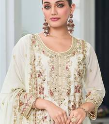 Off white embroidered zari chinon festival readymade salwar kameez