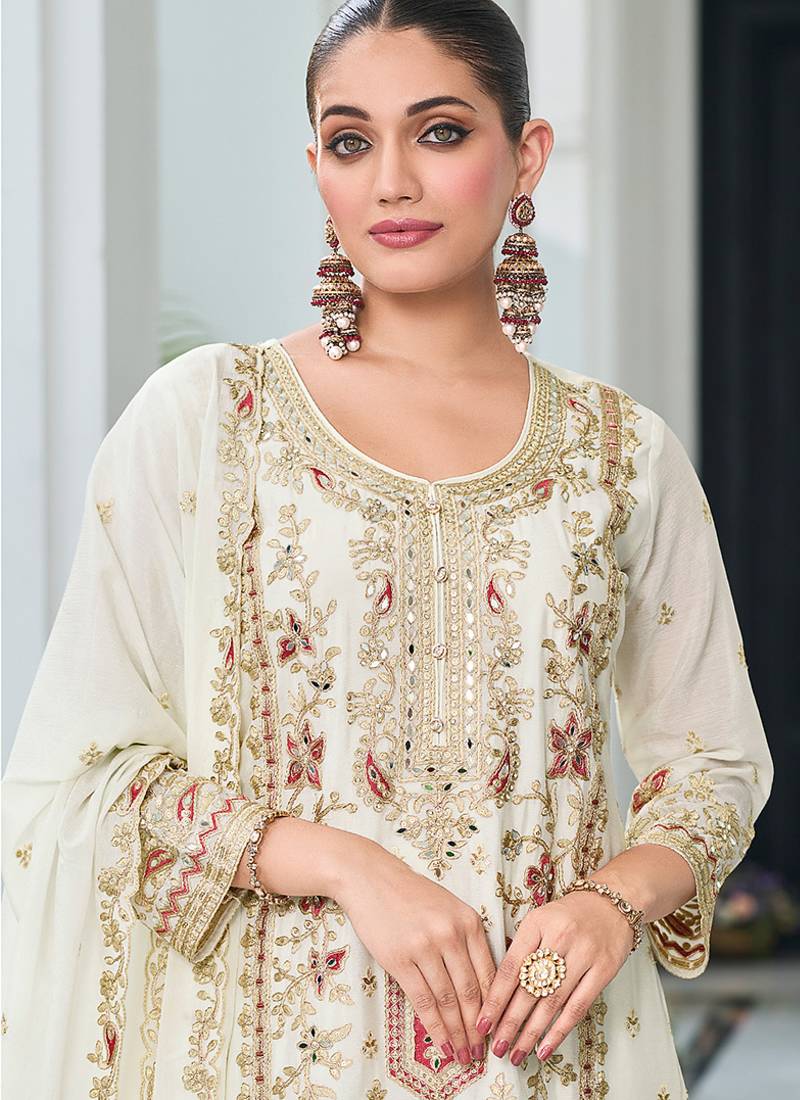 Off white embroidered zari chinon festival readymade salwar kameez