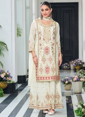 Off white embroidered zari chinon festival readymade salwar kameez 1
