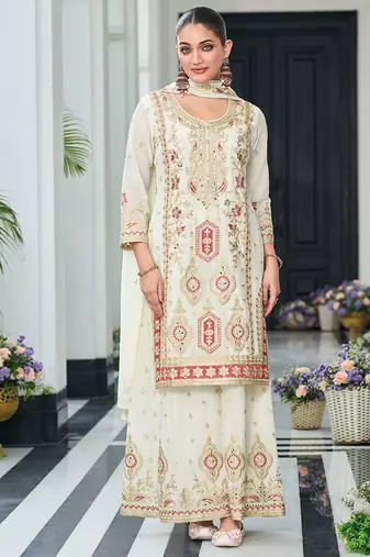 Off white embroidered zari chinon festival readymade salwar kameez