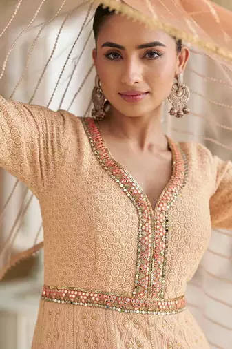 Peach chikankari embroidered faux georgette readymade suit