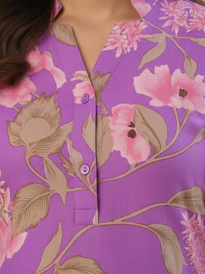 Lavendar Floral Printed Mandarin Collar Straight Pure Cotton Kurta With Trousers 6