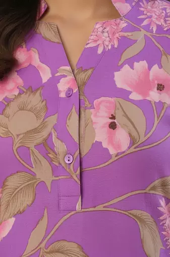 Lavendar Floral Printed Mandarin Collar Straight Pure Cotton Kurta With Trousers