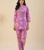 Lavendar Floral Printed Mandarin Collar Straight Pure Cotton Kurta With Trousers