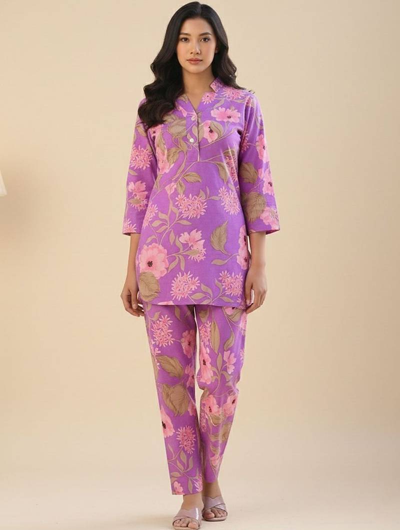 Lavendar Floral Printed Mandarin Collar Straight Pure Cotton Kurta With Trousers