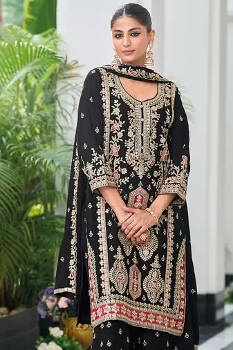 Black embroidered zari chinon festival readymade salwar kameez
