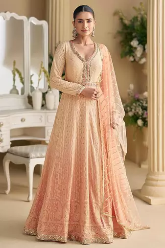 Peach chikankari embroidered faux georgette readymade suit