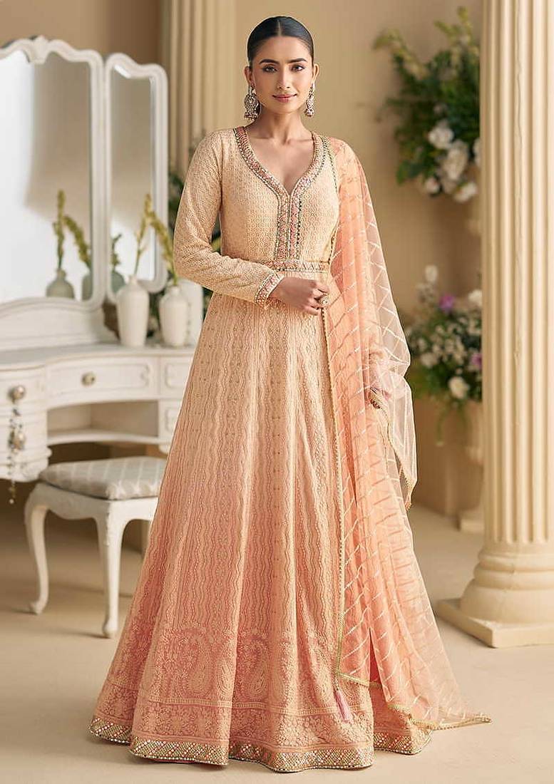 Peach chikankari embroidered faux georgette readymade suit