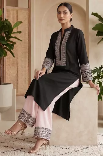 Women black embroidered kurta palazzo set