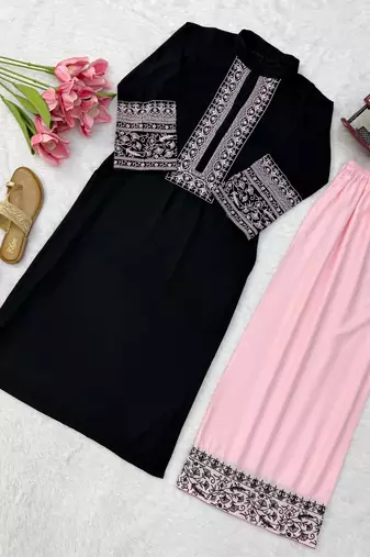 Women black embroidered kurta palazzo set