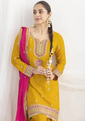 Mustard chinon embroidered zari & sequins palazzo  readymade suit set 2