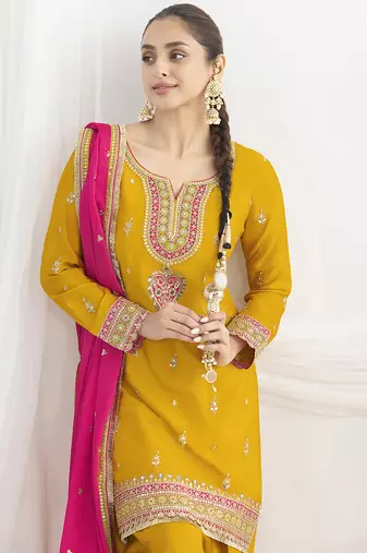 Mustard chinon embroidered zari & sequins palazzo  readymade suit set