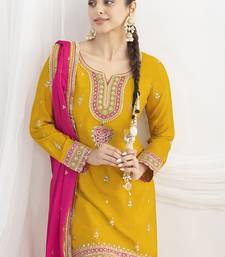 Mustard chinon embroidered zari & sequins palazzo  readymade suit set
