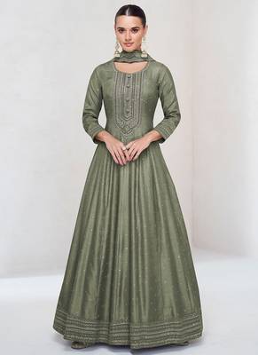 Olive vichitra silk readymade anarkali suit with embroidered work for festival 1