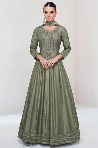 Olive vichitra silk readymade anarkali suit with embroidered work for festival