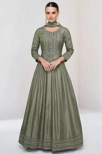 Olive vichitra silk readymade anarkali suit with embroidered work for festival