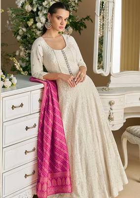 Cream & purple chikankari embroidered faux georgette readymade suit 1