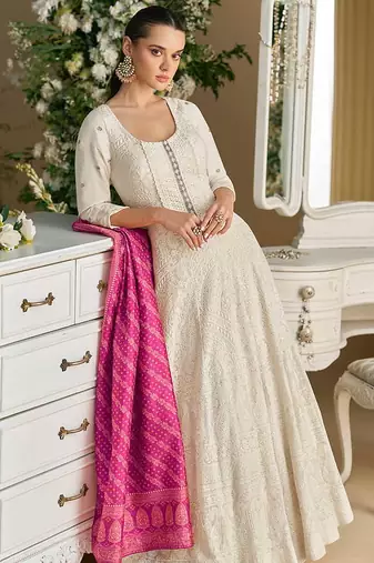 Cream & purple chikankari embroidered faux georgette readymade suit
