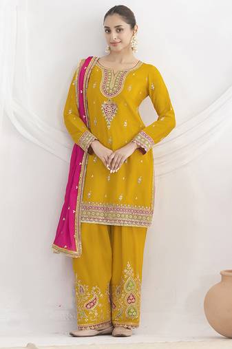 Mustard chinon embroidered zari & sequins palazzo  readymade suit set