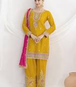 Mustard chinon embroidered zari & sequins palazzo  readymade suit set