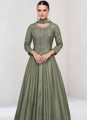 Olive vichitra silk readymade anarkali suit with embroidered work for festival 2