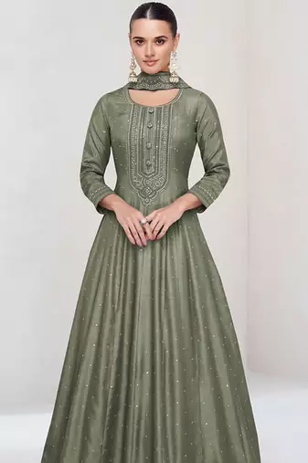 Olive vichitra silk readymade anarkali suit with embroidered work for festival