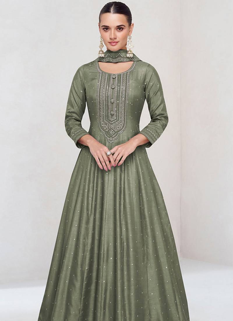 Olive vichitra silk readymade anarkali suit with embroidered work for festival