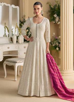 Cream & purple chikankari embroidered faux georgette readymade suit 3