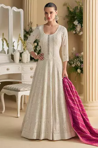 Cream & purple chikankari embroidered faux georgette readymade suit
