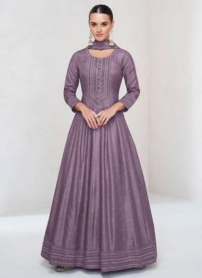 Lilac vichitra silk readymade anarkali suit with embroidered work for festival 1