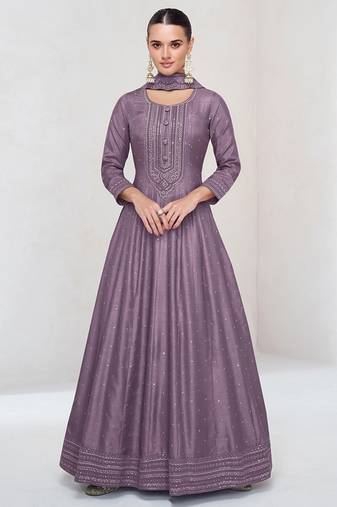 Lilac vichitra silk readymade anarkali suit with embroidered work for festival