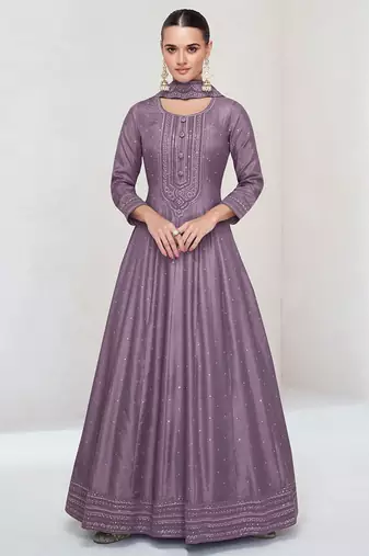 Lilac vichitra silk readymade anarkali suit with embroidered work for festival