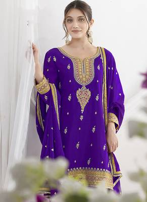 Purple chinon embroidered zari & sequins palazzo  readymade suit set 2