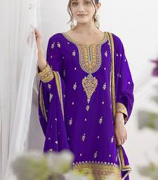 Purple chinon embroidered zari & sequins palazzo  readymade suit set