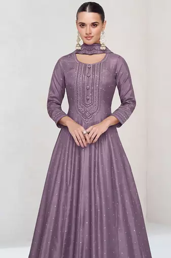 Lilac vichitra silk readymade anarkali suit with embroidered work for festival