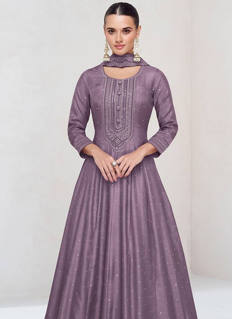 Lilac vichitra silk readymade anarkali suit with embroidered work for festival