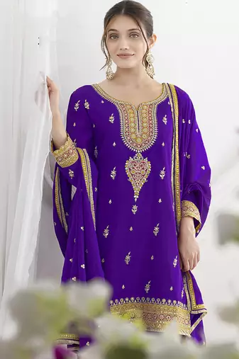 Purple chinon embroidered zari & sequins palazzo  readymade suit set