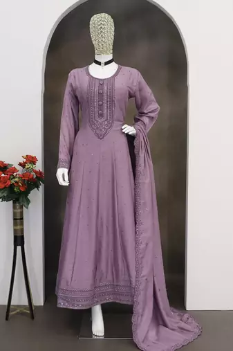 Lilac vichitra silk readymade anarkali suit with embroidered work for festival