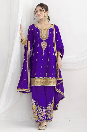 Purple chinon embroidered zari & sequins palazzo  readymade suit set