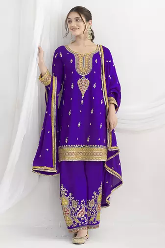 Purple chinon embroidered zari & sequins palazzo  readymade suit set